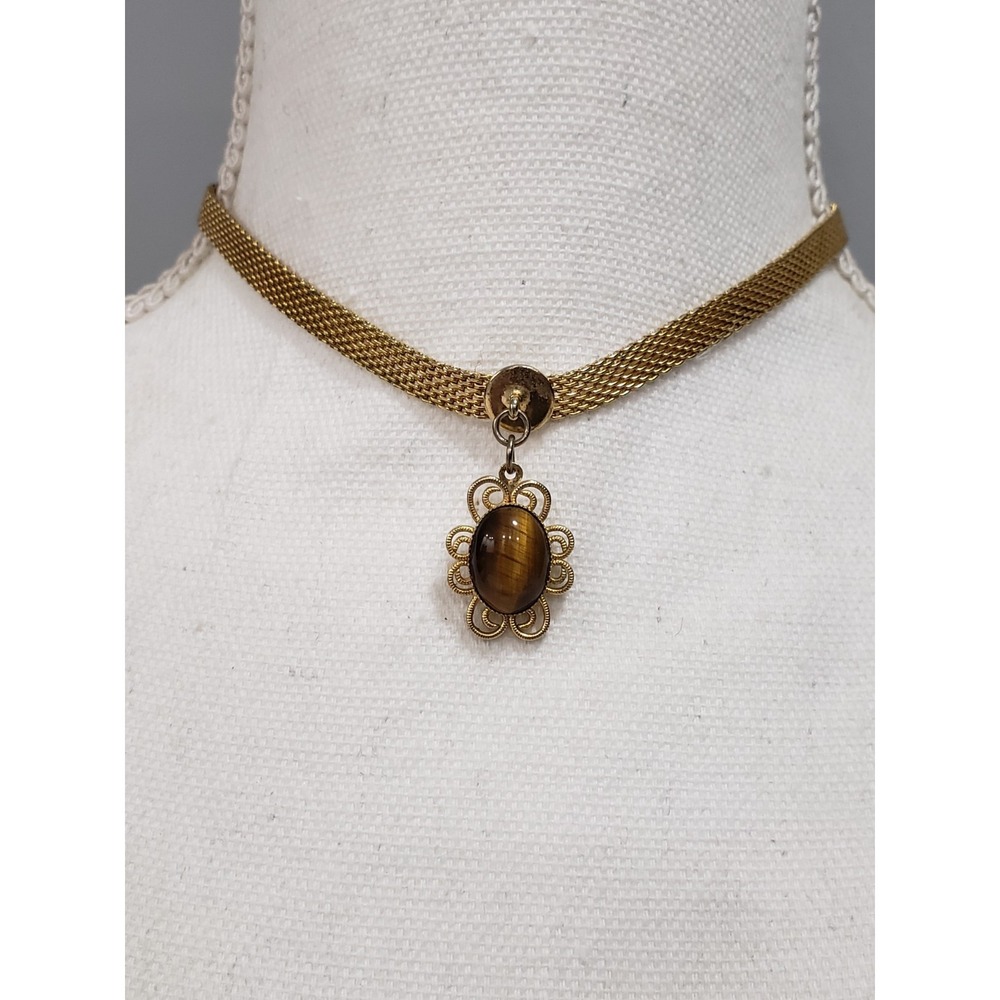 Vintage Choker Tiger's Eye Gemstone Pendant Gold Tone Mesh Necklace 11-15in